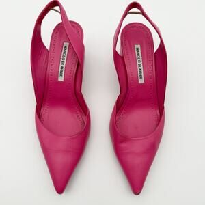 Manolo Blahnik Hot Pink Leather Slingback Block Heel Pumps Size 39.5 Barbiecore